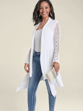 NEW VENUS White Crochet-Sleeve Long Open Cardigan Sz1X